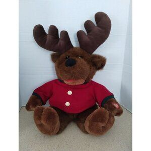 Singing Christmas Moose Plush Toy In Red Jacket With Brown Antlers